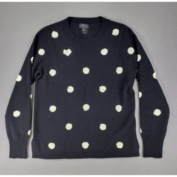 J Crew Everyday Cashmere Crewneck Sweater Womens S Sequin Polka Dots Black - Picture 1 of 6